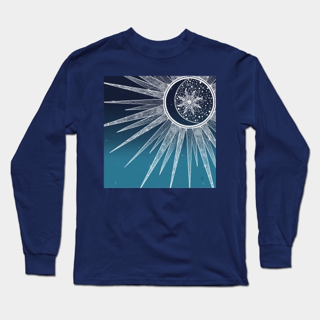 White Sun Moon Mandala Blue Gradient Design Long Sleeve T-Shirt by NdesignTrend